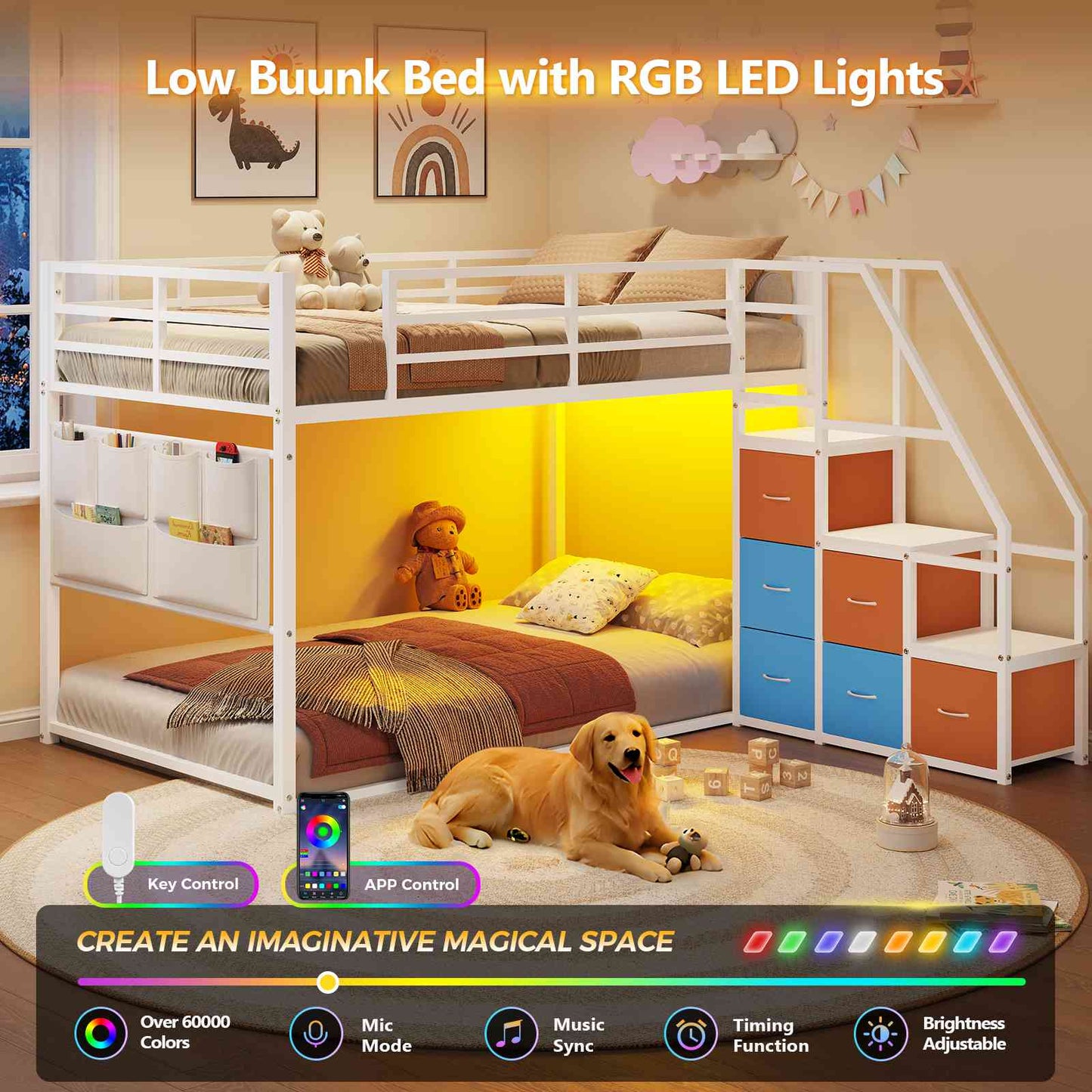 DICTAC | Twin Over Twin Low Bunk Bed with Storage Stairs, LED Lights & 6 Drawers for Kids, Black/White/Pink