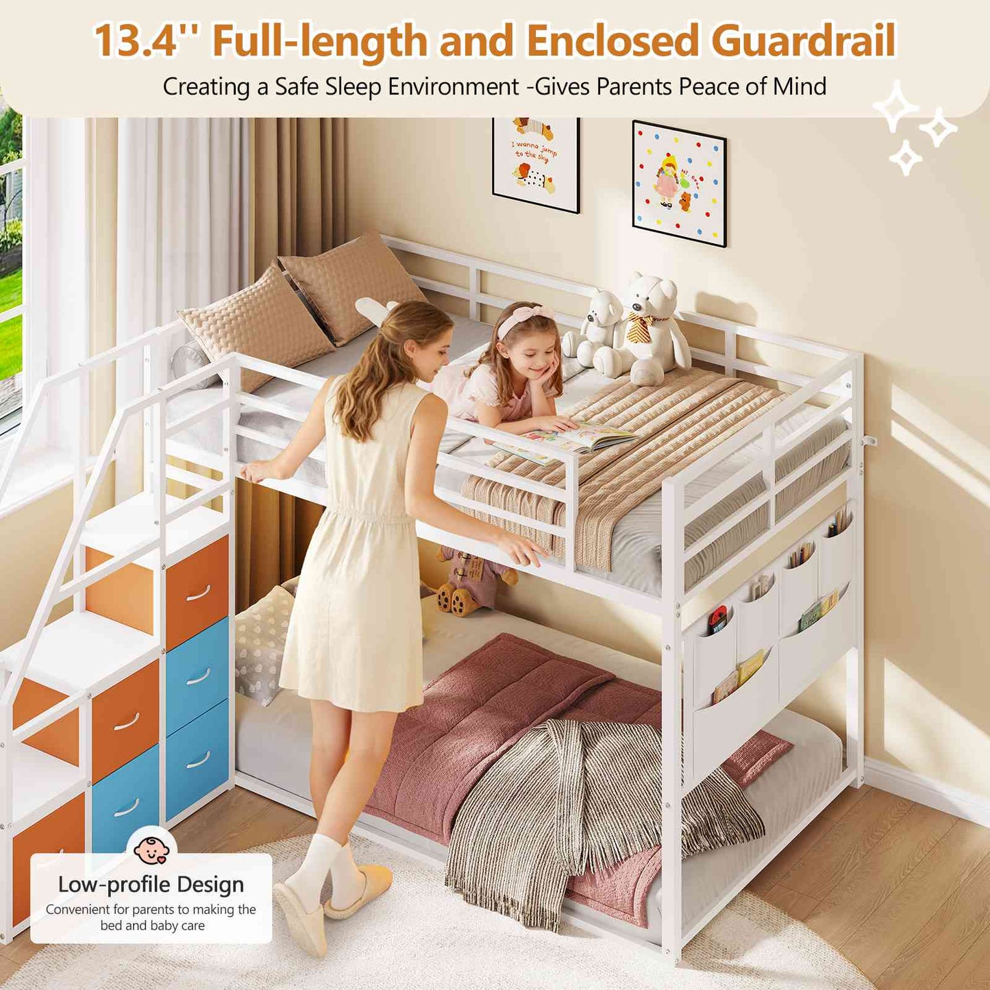 DICTAC | Twin Over Twin Low Bunk Bed with Storage Stairs, LED Lights & 6 Drawers for Kids, Black/White/Pink