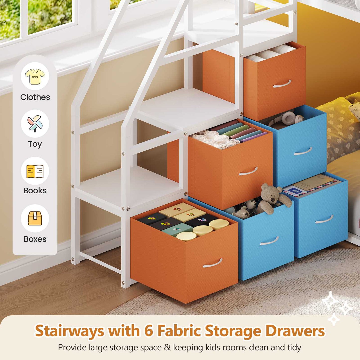 DICTAC | Twin Over Twin Low Bunk Bed with Storage Stairs, LED Lights & 6 Drawers for Kids, Black/White/Pink