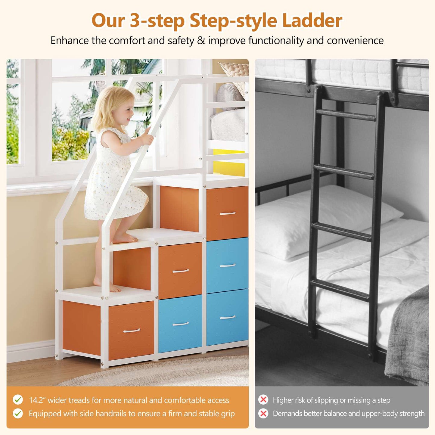 DICTAC | Twin Over Twin Low Bunk Bed with Storage Stairs, LED Lights & 6 Drawers for Kids, Black/White/Pink