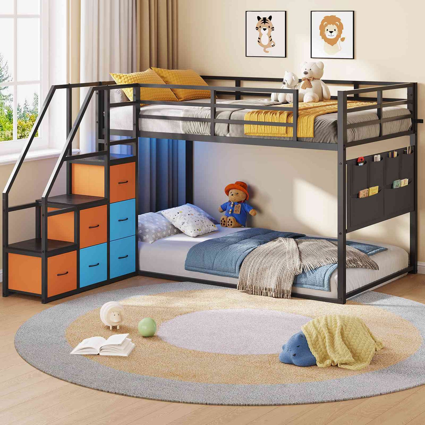 DICTAC | Twin Over Twin Low Bunk Bed with Storage Stairs, LED Lights & 6 Drawers for Kids, Black/White/Pink