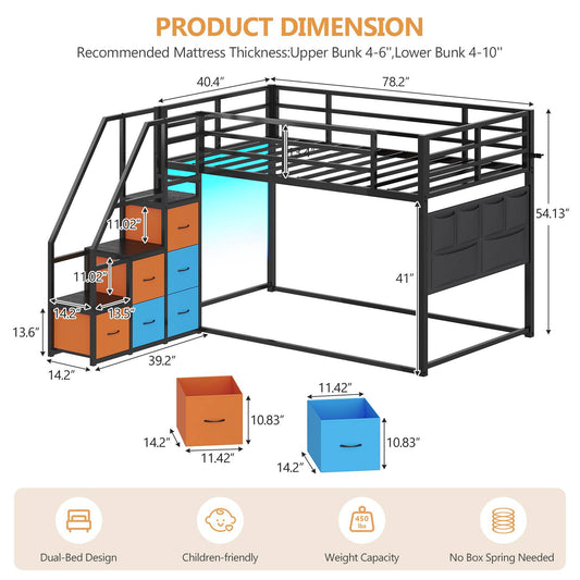 DICTAC | Twin Over Twin Low Bunk Bed with Storage Stairs, LED Lights & 6 Drawers for Kids, Black/White/Pink