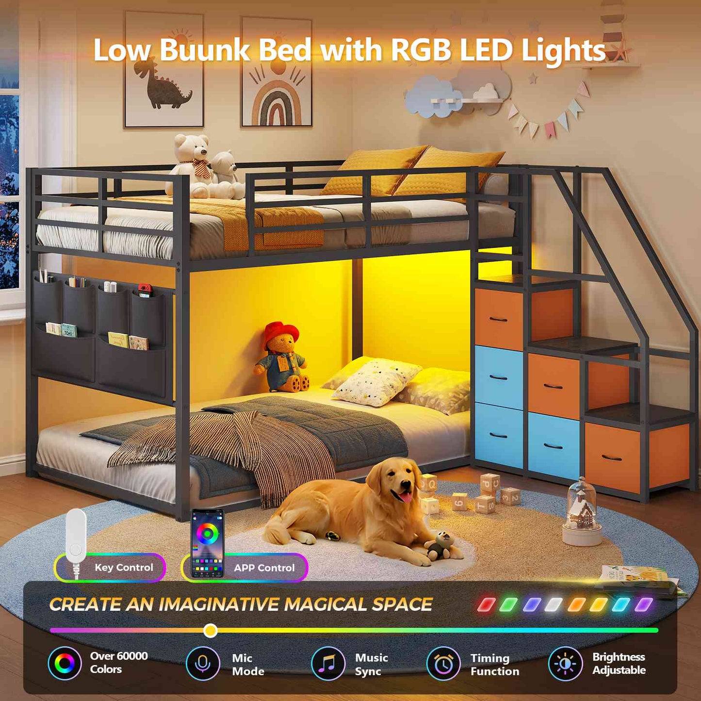 DICTAC | Twin Over Twin Low Bunk Bed with Storage Stairs, LED Lights & 6 Drawers for Kids, Black/White/Pink