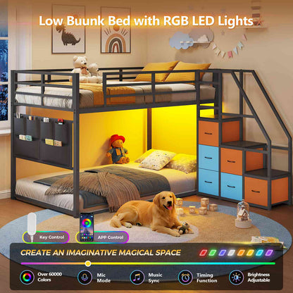 DICTAC | Twin Over Twin Low Bunk Bed with Storage Stairs, LED Lights & 6 Drawers for Kids, Black/White/Pink