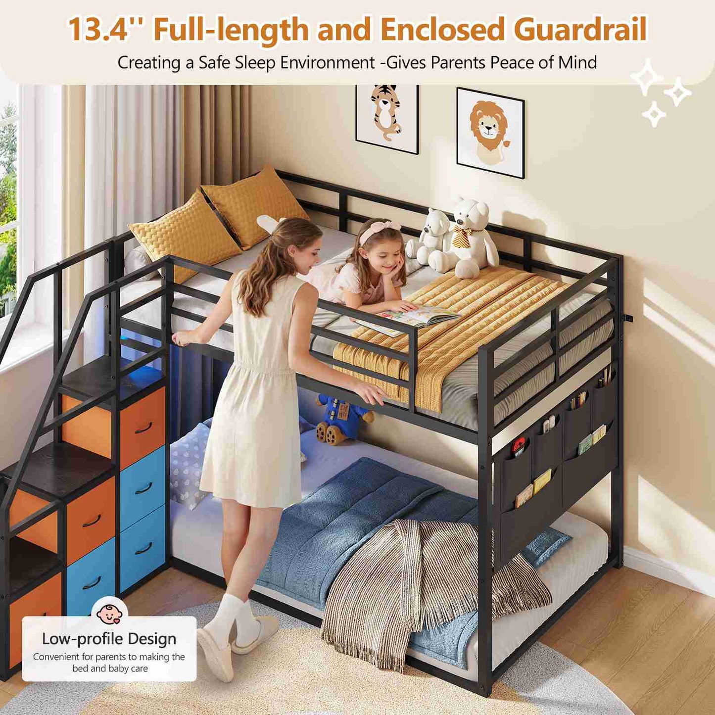 DICTAC | Twin Over Twin Low Bunk Bed with Storage Stairs, LED Lights & 6 Drawers for Kids, Black/White/Pink