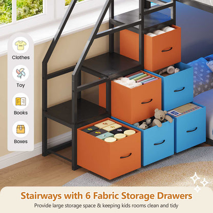DICTAC | Twin Over Twin Low Bunk Bed with Storage Stairs, LED Lights & 6 Drawers for Kids, Black/White/Pink