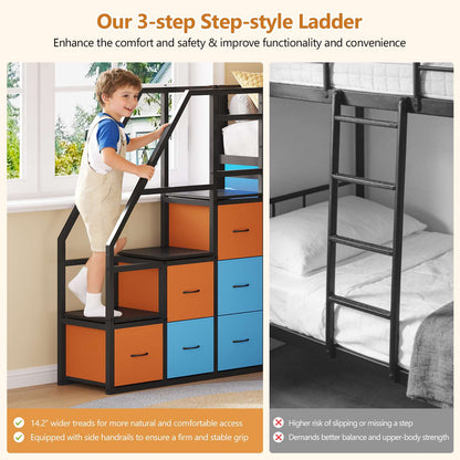 DICTAC | Twin Over Twin Low Bunk Bed with Storage Stairs, LED Lights & 6 Drawers for Kids, Black/White/Pink