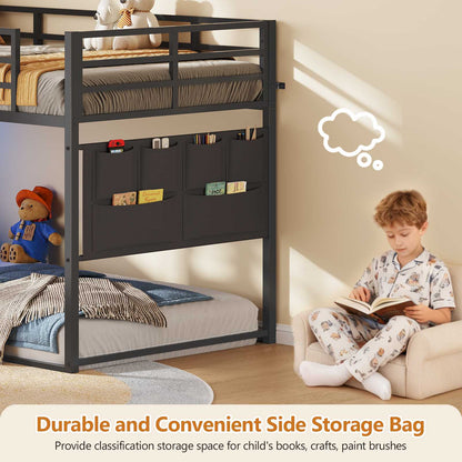 DICTAC | Twin Over Twin Low Bunk Bed with Storage Stairs, LED Lights & 6 Drawers for Kids, Black/White/Pink