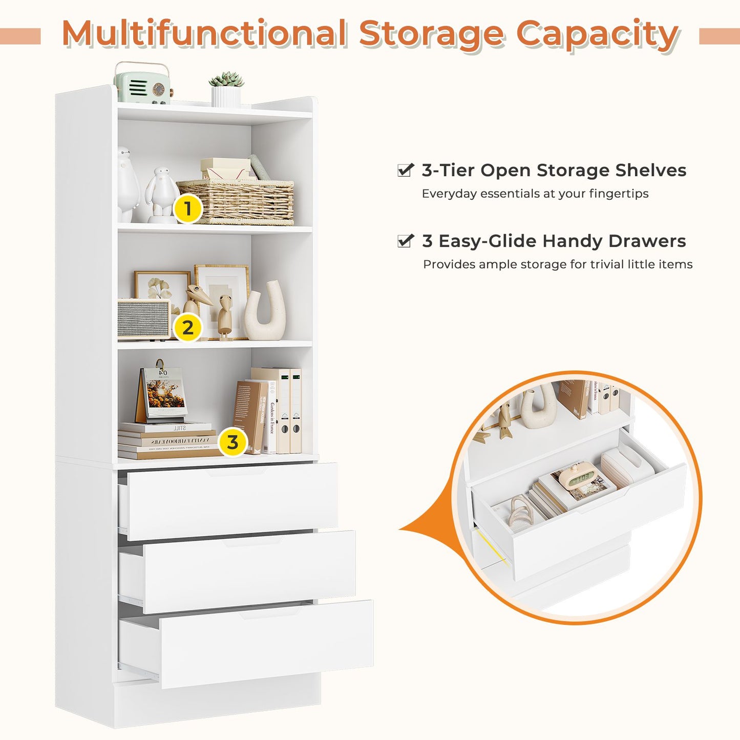 DICTAC | 73.23'' Tall Bookcase with Drawers & Shelves, Modern Black Storage Cabinet and Freestanding Closet Organizer for Bedroom & Home Office