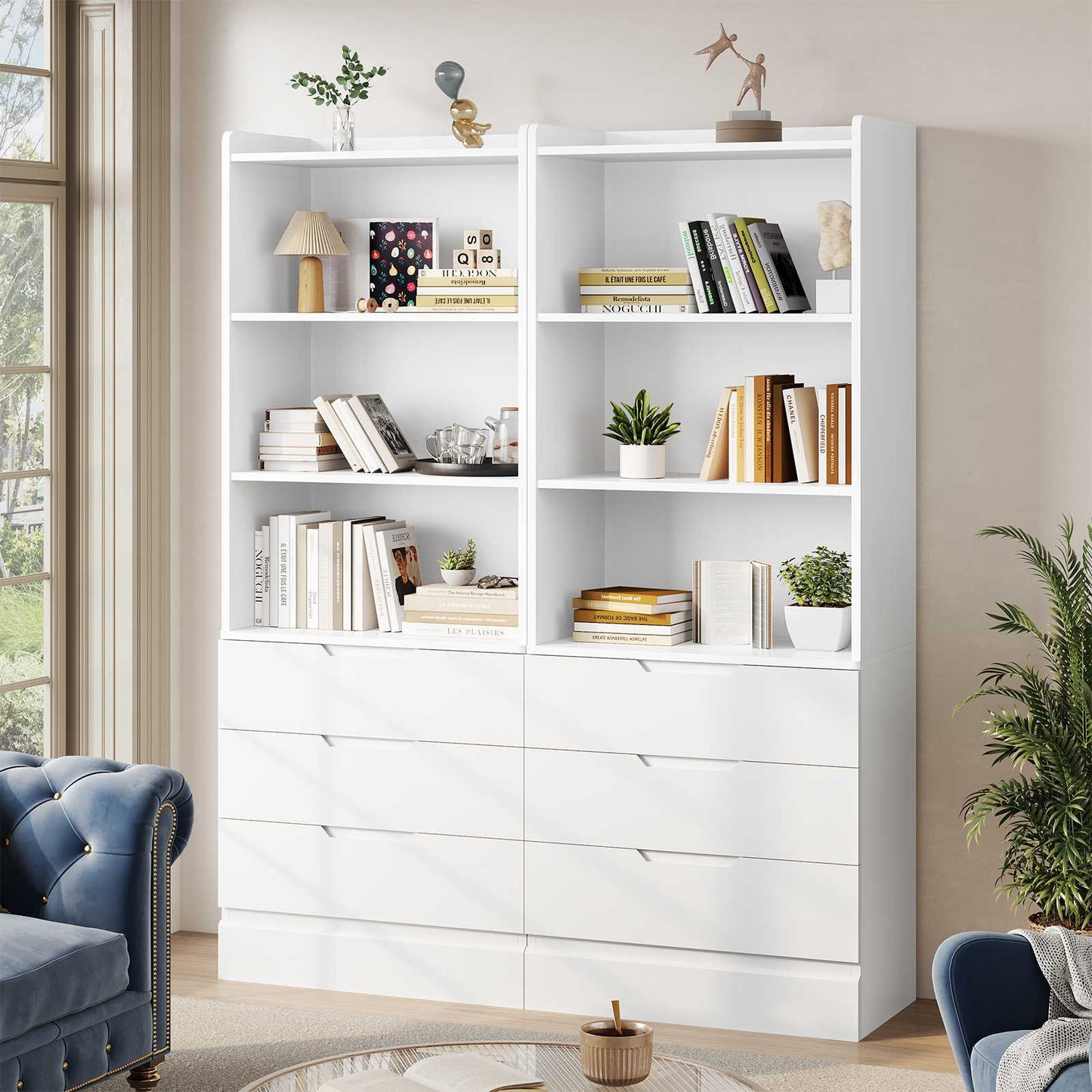 DICTAC | 73.23'' Tall Bookcase with Drawers & Shelves, Modern Black Storage Cabinet and Freestanding Closet Organizer for Bedroom & Home Office