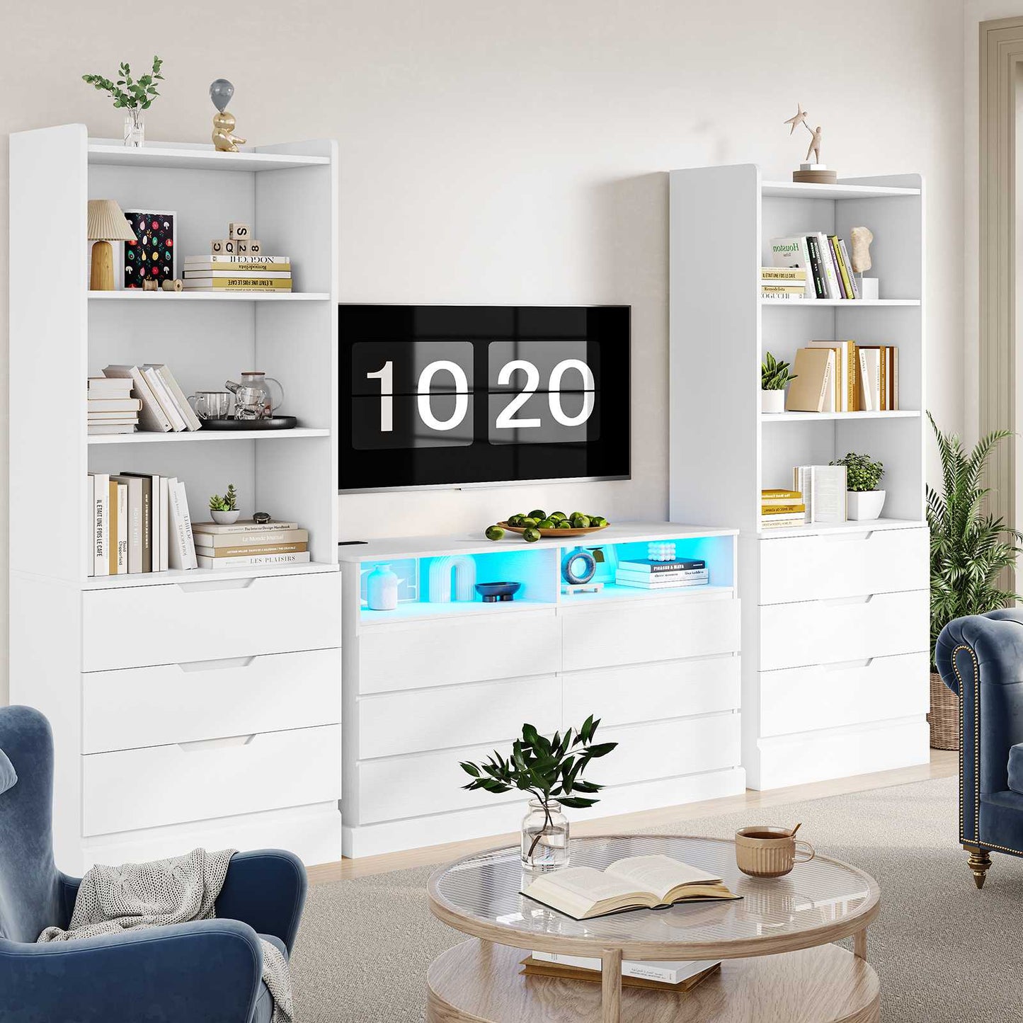 DICTAC | 73.23'' Tall Bookcase with Drawers & Shelves, Modern Black Storage Cabinet and Freestanding Closet Organizer for Bedroom & Home Office