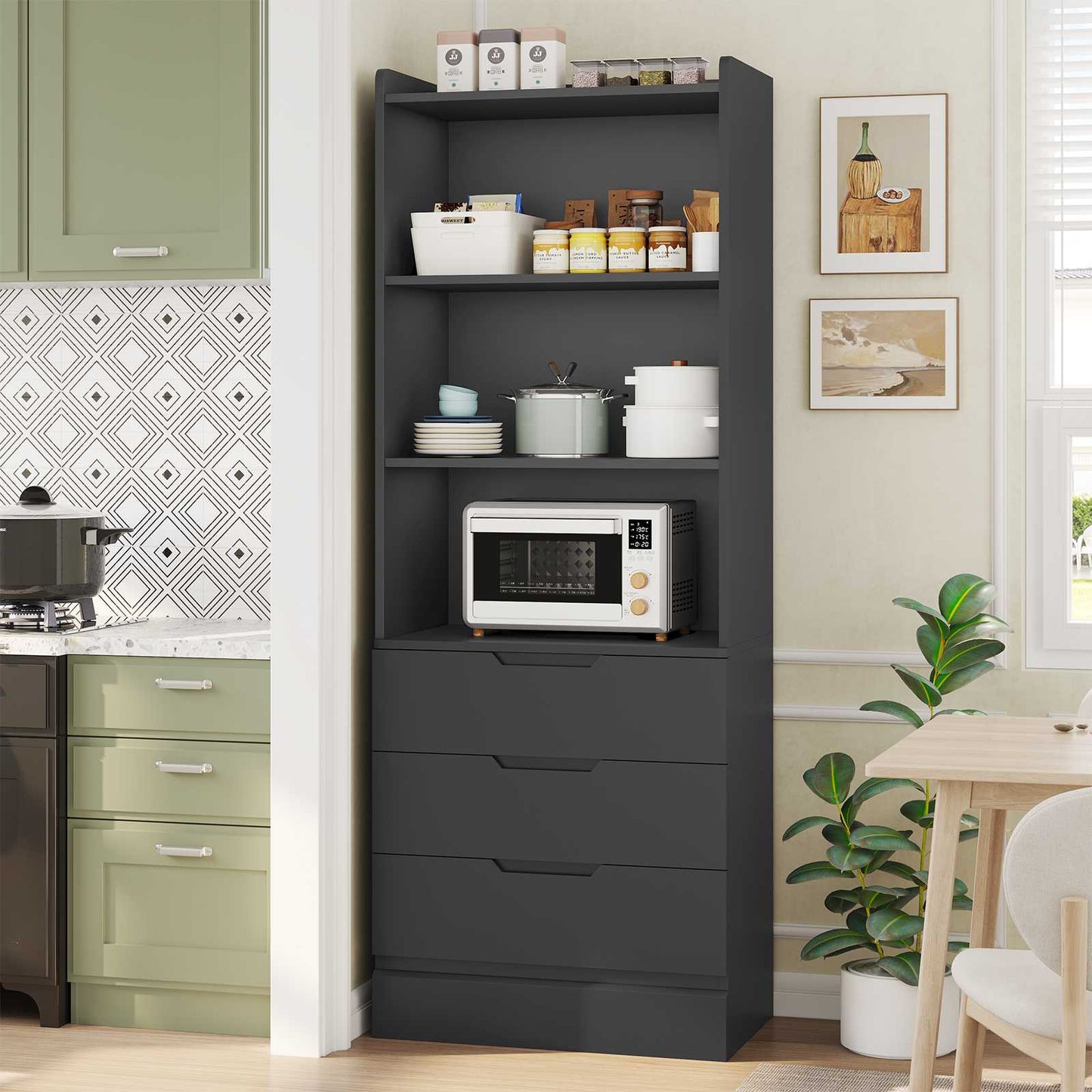 DICTAC | 73.23'' Tall Bookcase with Drawers & Shelves, Modern Black Storage Cabinet and Freestanding Closet Organizer for Bedroom & Home Office