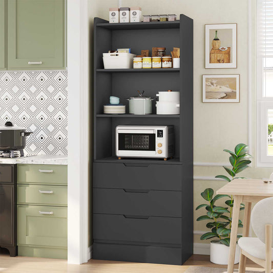 DICTAC | 73.23'' Tall Bookcase with Drawers & Shelves, Modern Black Storage Cabinet and Freestanding Closet Organizer for Bedroom & Home Office