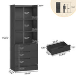 DICTAC | 73.23'' Tall Bookcase with Drawers & Shelves, Modern Black Storage Cabinet and Freestanding Closet Organizer for Bedroom & Home Office