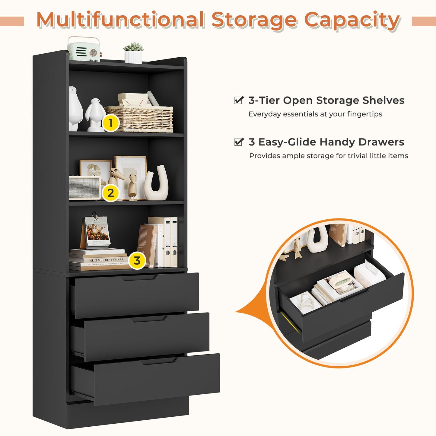 DICTAC | 73.23'' Tall Bookcase with Drawers & Shelves, Modern Black Storage Cabinet and Freestanding Closet Organizer for Bedroom & Home Office
