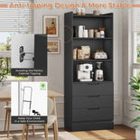 DICTAC | 73.23'' Tall Bookcase with Drawers & Shelves, Modern Black Storage Cabinet and Freestanding Closet Organizer for Bedroom & Home Office