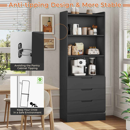 DICTAC | 73.23'' Tall Bookcase with Drawers & Shelves, Modern Black Storage Cabinet and Freestanding Closet Organizer for Bedroom & Home Office