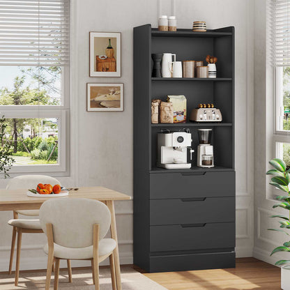 DICTAC | 73.23'' Tall Bookcase with Drawers & Shelves, Modern Black Storage Cabinet and Freestanding Closet Organizer for Bedroom & Home Office