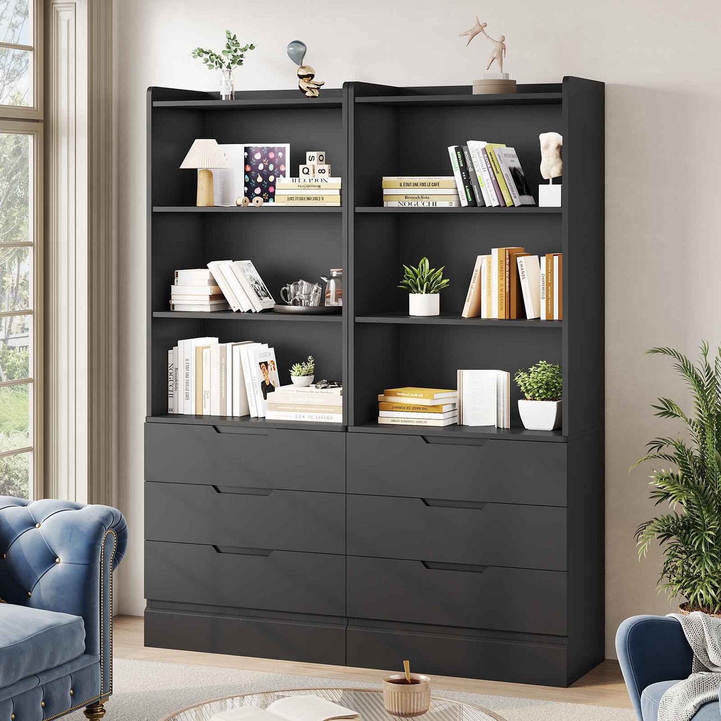 DICTAC | 73.23'' Tall Bookcase with Drawers & Shelves, Modern Black Storage Cabinet and Freestanding Closet Organizer for Bedroom & Home Office