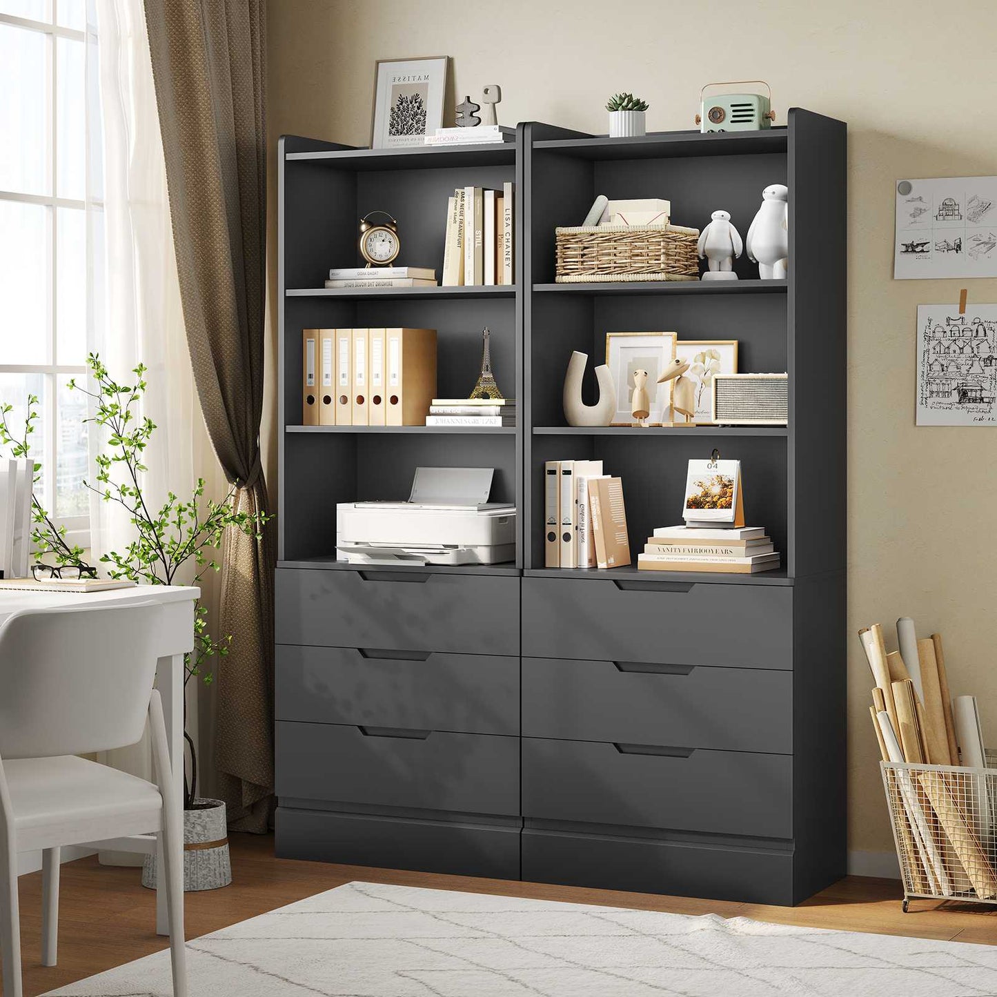 DICTAC | 73.23'' Tall Bookcase with Drawers & Shelves, Modern Black Storage Cabinet and Freestanding Closet Organizer for Bedroom & Home Office