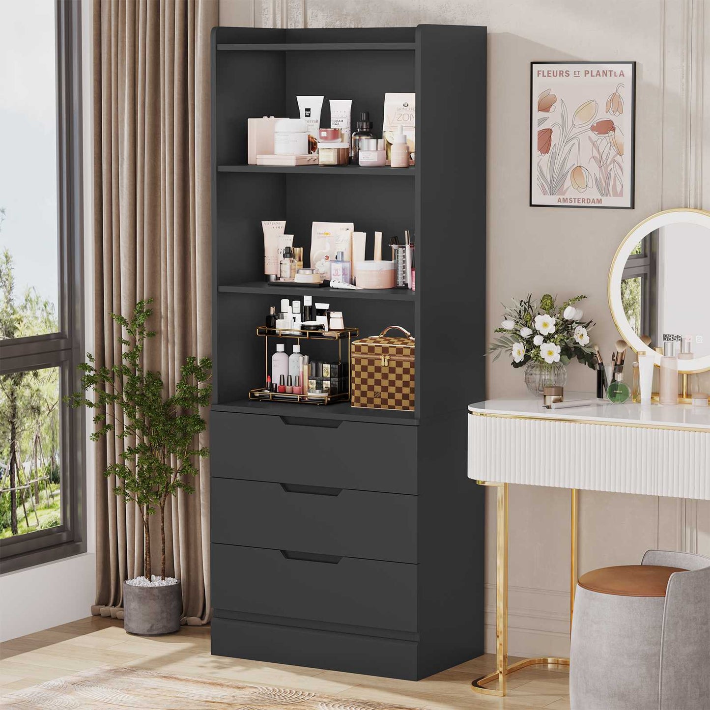 DICTAC | 73.23'' Tall Bookcase with Drawers & Shelves, Modern Black Storage Cabinet and Freestanding Closet Organizer for Bedroom & Home Office