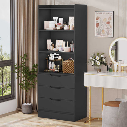 DICTAC | 73.23'' Tall Bookcase with Drawers & Shelves, Modern Black Storage Cabinet and Freestanding Closet Organizer for Bedroom & Home Office