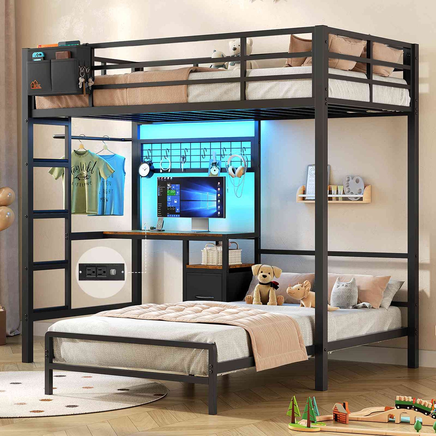 DICTAC | Twin Over Twin Bunk Bed with Study Desk, Storage Drawer, Shelving & Charging Station, LED Metal Frame (White/Black/Pink)