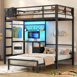 DICTAC | Twin Over Twin Bunk Bed with Study Desk, Storage Drawer, Shelving & Charging Station, LED Metal Frame (White/Black/Pink)