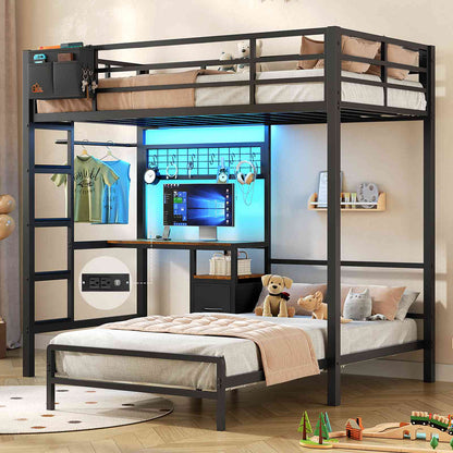 DICTAC | Twin Over Twin Bunk Bed with Study Desk, Storage Drawer, Shelving & Charging Station, LED Metal Frame (White/Black/Pink)