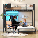 DICTAC | Twin Over Twin Bunk Bed with Study Desk, Storage Drawer, Shelving & Charging Station, LED Metal Frame (White/Black/Pink)