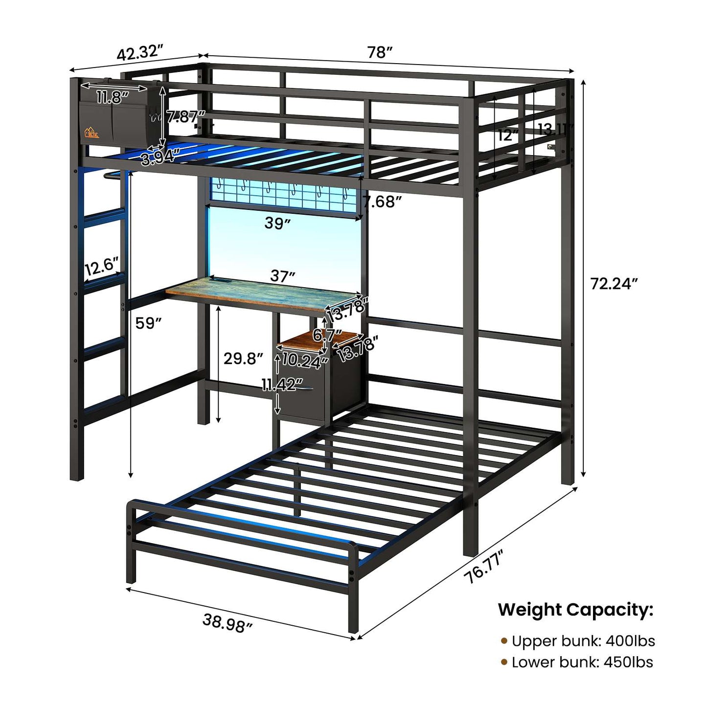 DICTAC | Twin Over Twin Bunk Bed with Study Desk, Storage Drawer, Shelving & Charging Station, LED Metal Frame (White/Black/Pink)