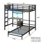 DICTAC | Twin Over Twin Bunk Bed with Study Desk, Storage Drawer, Shelving & Charging Station, LED Metal Frame (White/Black/Pink)