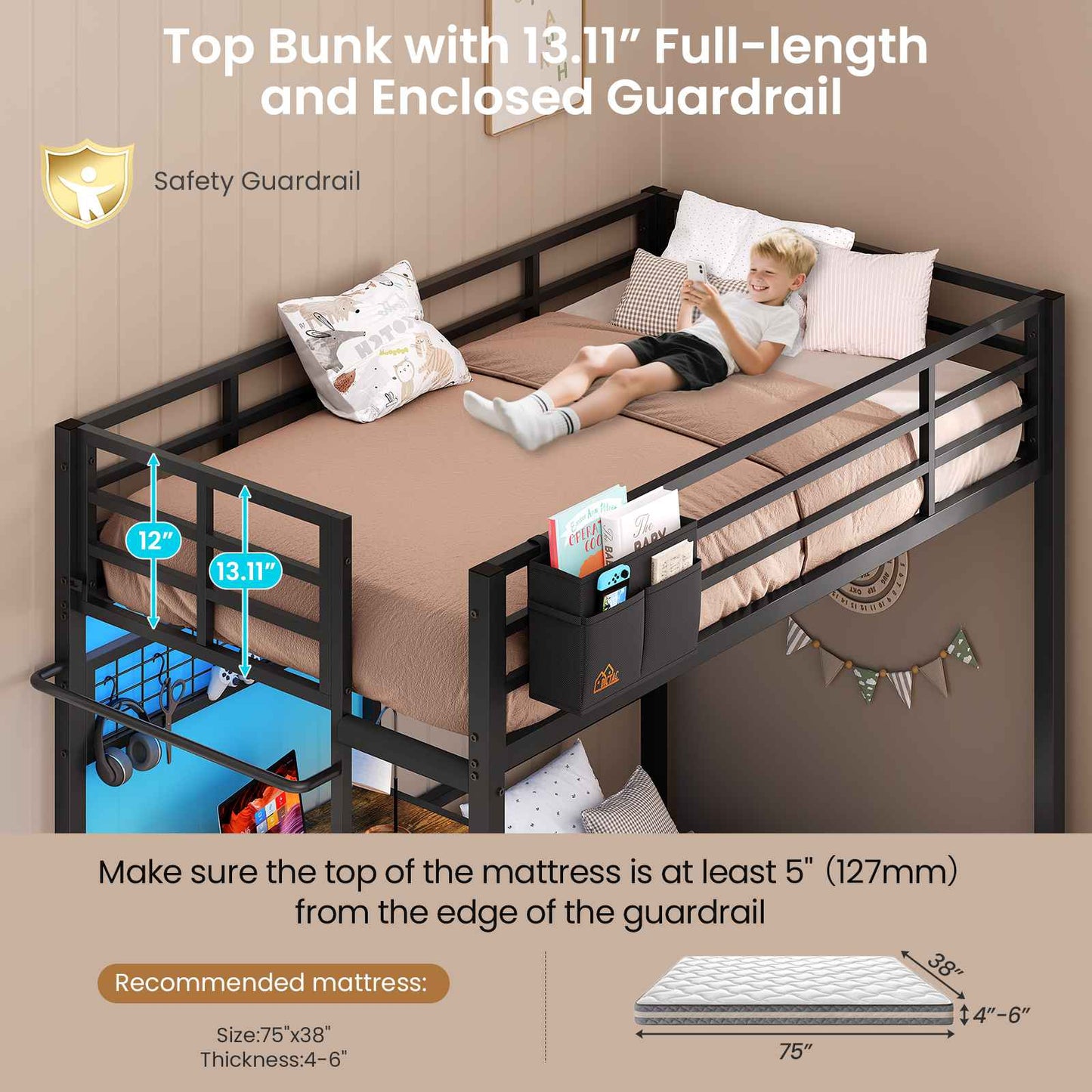 DICTAC | Twin Over Twin Bunk Bed with Study Desk, Storage Drawer, Shelving & Charging Station, LED Metal Frame (White/Black/Pink)