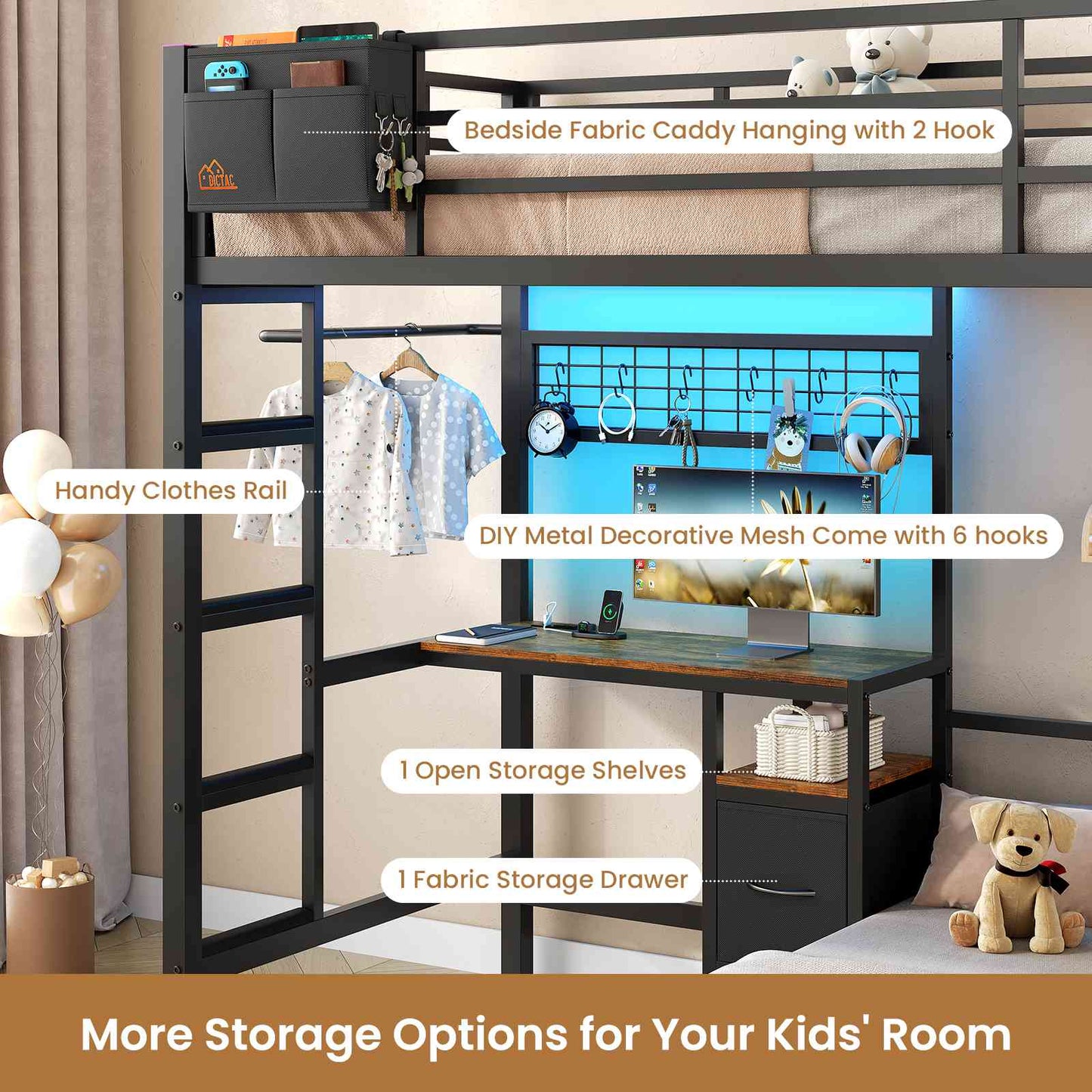 DICTAC | Twin Over Twin Bunk Bed with Study Desk, Storage Drawer, Shelving & Charging Station, LED Metal Frame (White/Black/Pink)