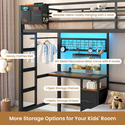 DICTAC | Twin Over Twin Bunk Bed with Study Desk, Storage Drawer, Shelving & Charging Station, LED Metal Frame (White/Black/Pink)