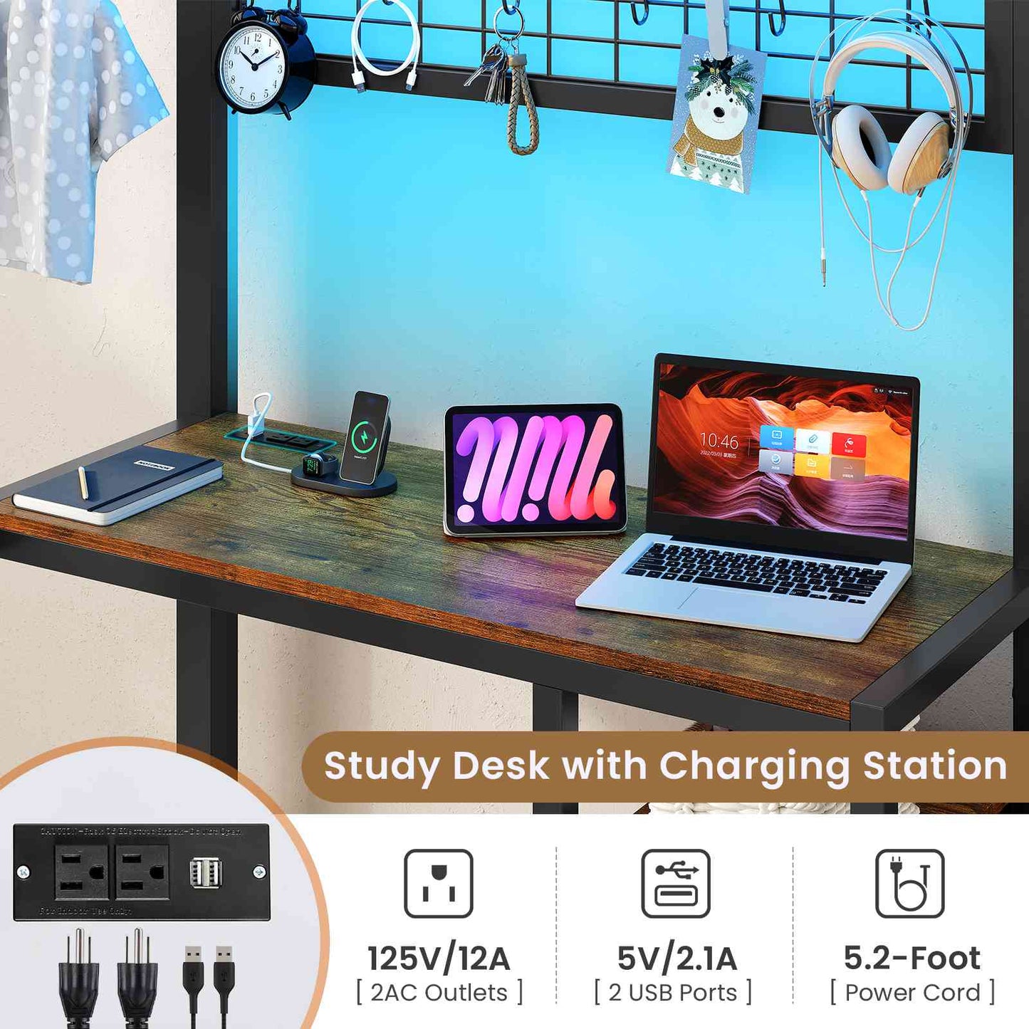 DICTAC | Twin Over Twin Bunk Bed with Study Desk, Storage Drawer, Shelving & Charging Station, LED Metal Frame (White/Black/Pink)