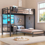 DICTAC | Twin Over Twin Bunk Bed with Study Desk, Storage Drawer, Shelving & Charging Station, LED Metal Frame (White/Black/Pink)