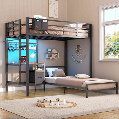 DICTAC | Twin Over Twin Bunk Bed with Study Desk, Storage Drawer, Shelving & Charging Station, LED Metal Frame (White/Black/Pink)