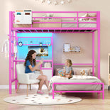 DICTAC | Twin Over Twin Bunk Bed with Study Desk, Storage Drawer, Shelving & Charging Station, LED Metal Frame (White/Black/Pink)
