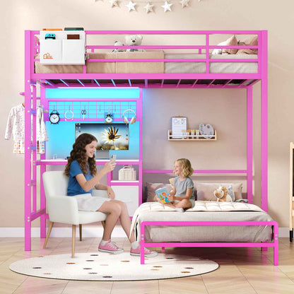 DICTAC | Twin Over Twin Bunk Bed with Study Desk, Storage Drawer, Shelving & Charging Station, LED Metal Frame (White/Black/Pink)