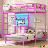 DICTAC | Twin Over Twin Bunk Bed with Study Desk, Storage Drawer, Shelving & Charging Station, LED Metal Frame (White/Black/Pink)