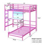 DICTAC | Twin Over Twin Bunk Bed with Study Desk, Storage Drawer, Shelving & Charging Station, LED Metal Frame (White/Black/Pink)