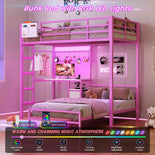 DICTAC | Twin Over Twin Bunk Bed with Study Desk, Storage Drawer, Shelving & Charging Station, LED Metal Frame (White/Black/Pink)