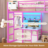 DICTAC | Twin Over Twin Bunk Bed with Study Desk, Storage Drawer, Shelving & Charging Station, LED Metal Frame (White/Black/Pink)