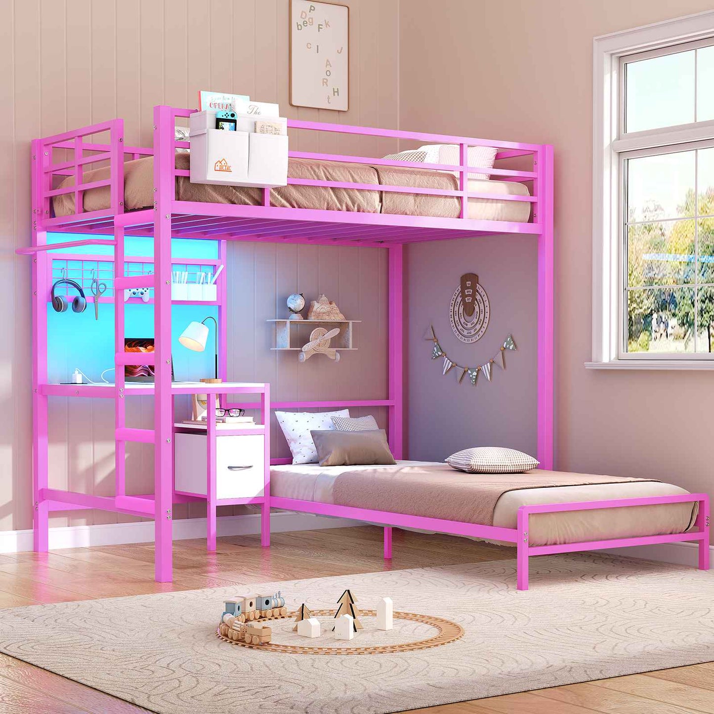 DICTAC | Twin Over Twin Bunk Bed with Study Desk, Storage Drawer, Shelving & Charging Station, LED Metal Frame (White/Black/Pink)