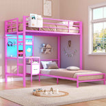 DICTAC | Twin Over Twin Bunk Bed with Study Desk, Storage Drawer, Shelving & Charging Station, LED Metal Frame (White/Black/Pink)