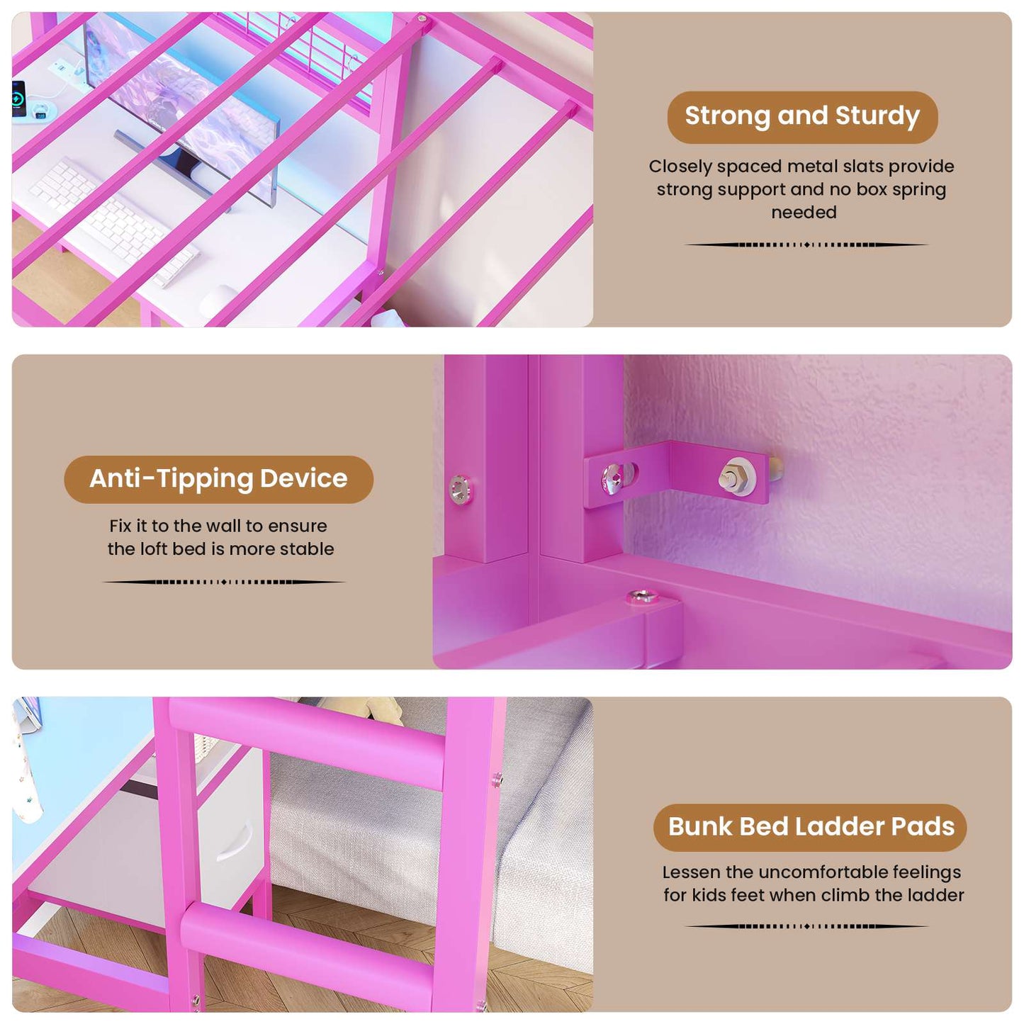 DICTAC | Twin Over Twin Bunk Bed with Study Desk, Storage Drawer, Shelving & Charging Station, LED Metal Frame (White/Black/Pink)