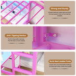 DICTAC | Twin Over Twin Bunk Bed with Study Desk, Storage Drawer, Shelving & Charging Station, LED Metal Frame (White/Black/Pink)