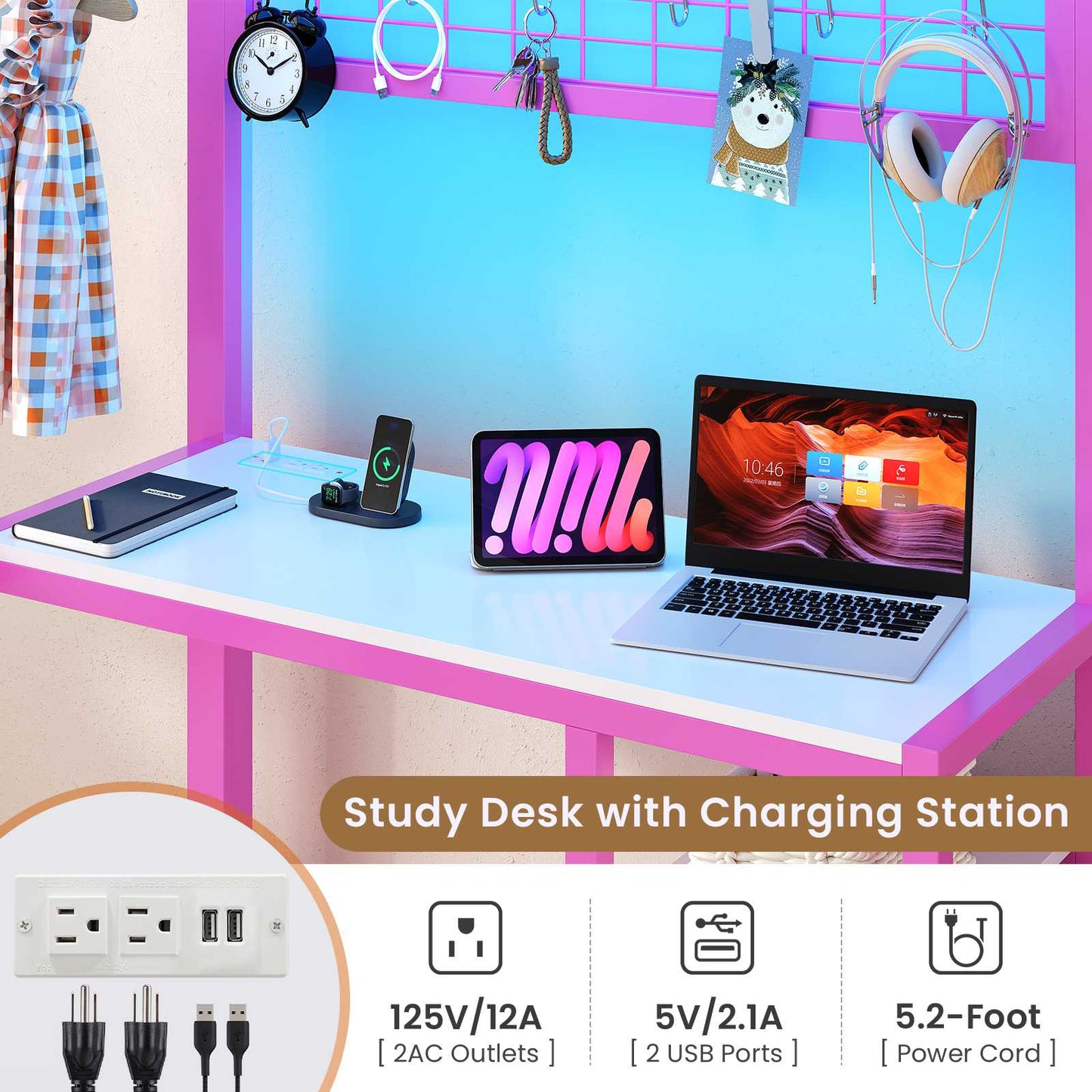 DICTAC | Twin Over Twin Bunk Bed with Study Desk, Storage Drawer, Shelving & Charging Station, LED Metal Frame (White/Black/Pink)