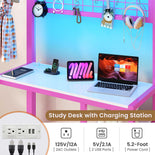 DICTAC | Twin Over Twin Bunk Bed with Study Desk, Storage Drawer, Shelving & Charging Station, LED Metal Frame (White/Black/Pink)